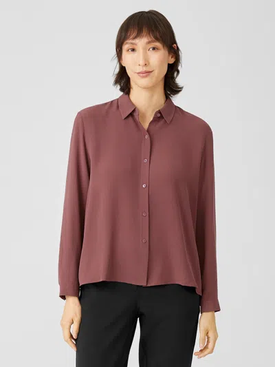 Eileen Fisher Silk Georgette Crepe Classic Collar Shirt In Brown