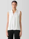 Eileen Fisher Silk Georgette Crepe Classic Collar Sleeveless Shirt In White