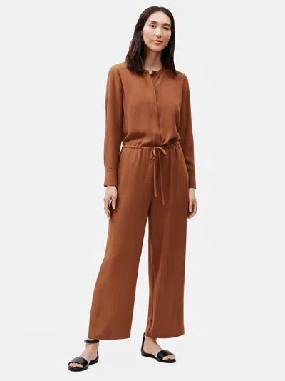 Eileen Fisher Silk Georgette Crepe Mandarin Collar Jumpsuit In Brown
