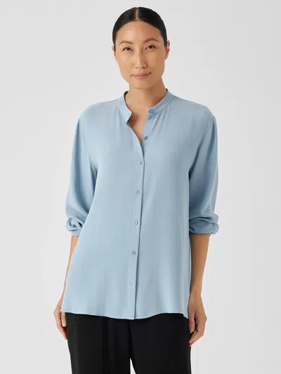 Eileen Fisher Silk Georgette Crepe Mandarin Collar Shirt In Blue