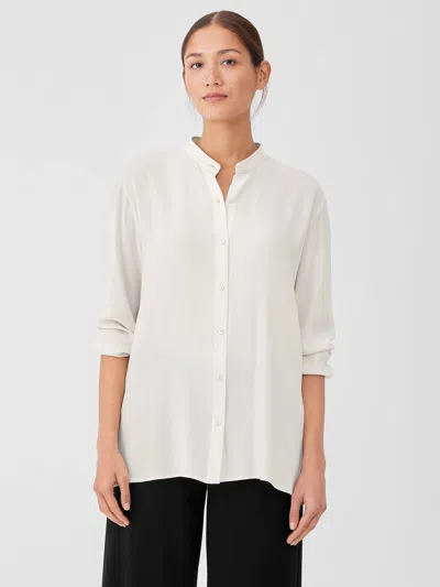 Eileen Fisher Silk Georgette Crepe Mandarin Collar Shirt In White