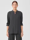 Eileen Fisher Silk Georgette Crepe Mandarin Collar Shirt In Gray