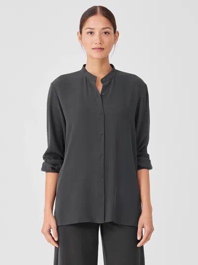 Eileen Fisher Silk Georgette Crepe Mandarin Collar Shirt In Gray