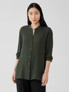 Eileen Fisher Silk Georgette Crepe Mandarin Collar Shirt In Green