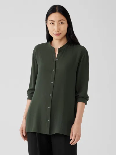Eileen Fisher Silk Georgette Crepe Mandarin Collar Shirt In Green