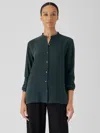 Eileen Fisher Silk Georgette Crepe Mandarin Collar Shirt In Green