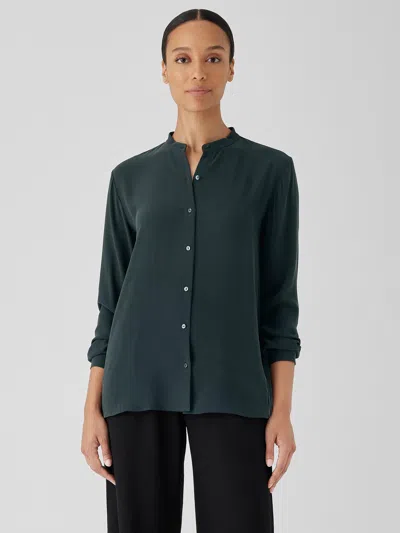 Eileen Fisher Silk Georgette Crepe Mandarin Collar Shirt In Green