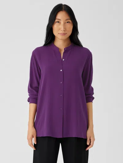 Eileen Fisher Silk Georgette Crepe Mandarin Collar Shirt In Purple
