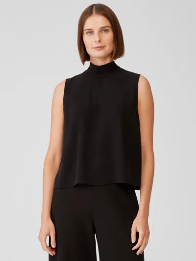 Eileen Fisher Silk Georgette Crepe Mock Neck Tank In Black
