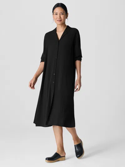 Eileen Fisher Silk Georgette Crepe Notch Collar Shirtdress In Black