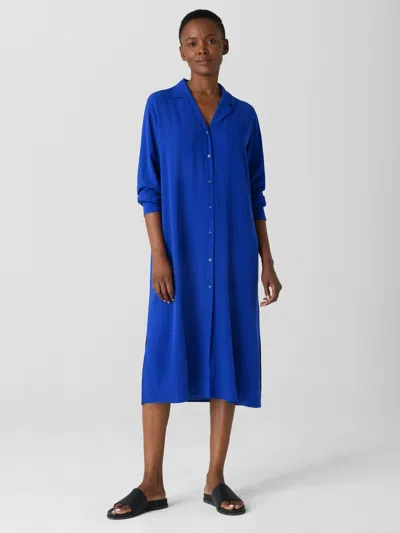 Eileen Fisher Silk Georgette Crepe Notch Collar Shirtdress In Blue