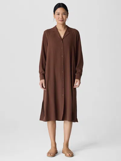 Eileen Fisher Silk Georgette Crepe Notch Collar Shirtdress In Brown
