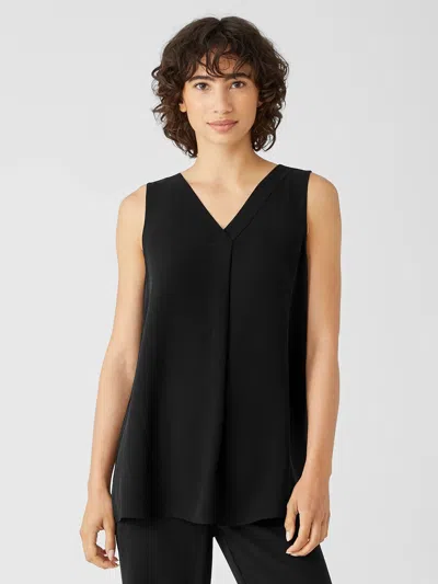 Eileen Fisher Silk Georgette Crepe Pleated Tank In Black