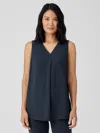 Eileen Fisher Silk Georgette Crepe Pleated Tank In Blue