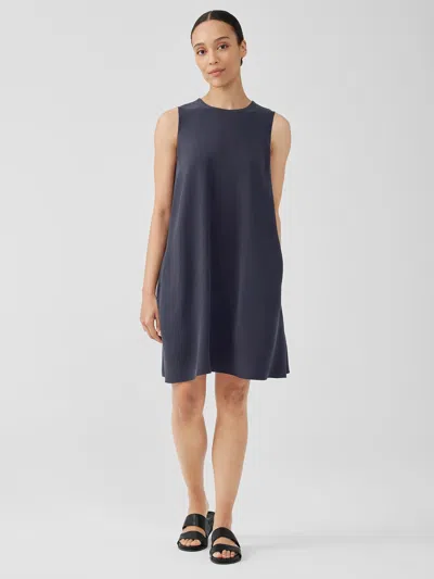 Eileen Fisher Silk Georgette Crepe Round Neck Dress In Blue