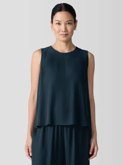 Eileen Fisher Silk Georgette Crepe Round Neck Tank In Blue