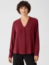 Eileen Fisher Silk Georgette Crepe V-neck Shirt In Brown