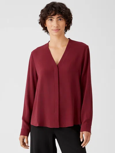 Eileen Fisher Silk Georgette Crepe V-neck Shirt In Brown