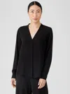 Eileen Fisher Silk Georgette Crepe V-neck Shirt In Black