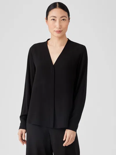 Eileen Fisher Silk Georgette Crepe V-neck Shirt In Black