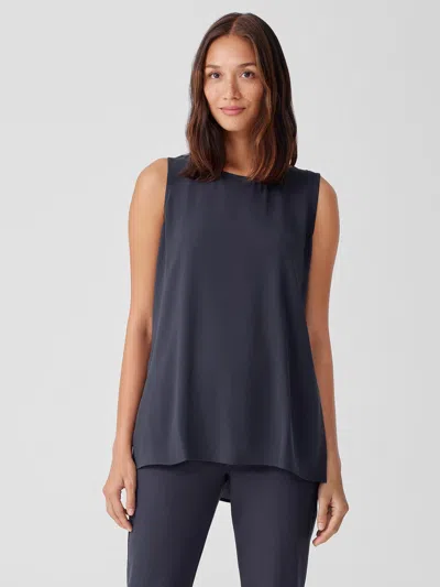 Eileen Fisher Silk Georgette Crepe Ballet Neck Long Tank In Blue