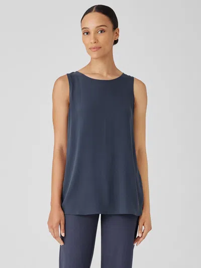 Eileen Fisher Silk Georgette Crepe Ballet Neck Long Tank In Blue