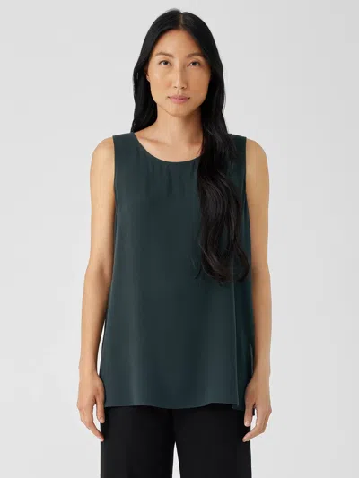 Eileen Fisher Silk Georgette Crepe Ballet Neck Long Tank In Green