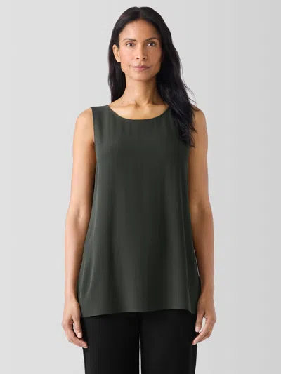 Eileen Fisher Silk Georgette Crepe Ballet Neck Long Tank In Green