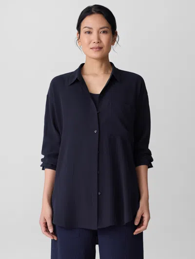 Eileen Fisher Silk Georgette Crepe Classic Collar Long Shirt In Blue