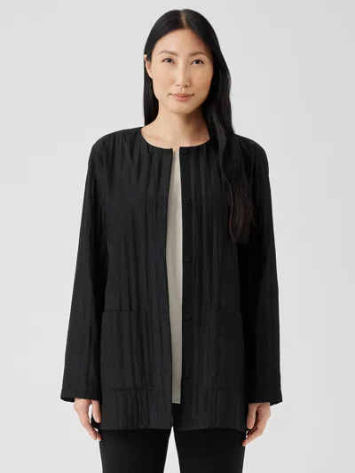 Eileen Fisher Silk Habutai Quilted Round Neck Jacket In Black