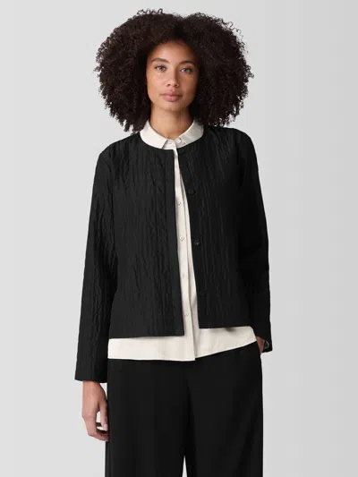Eileen Fisher Silk Habutai Quilted Round Neck Jacket In Black