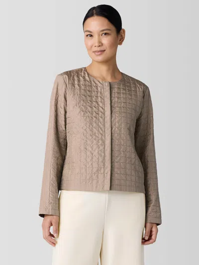 Eileen Fisher Silk Habutai Quilted Round Neck Jacket In Brown