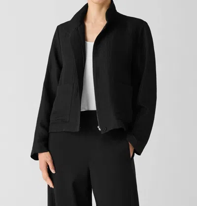 Eileen Fisher Silk Linen Box Stand Collar Jacket In Ebony In Grey