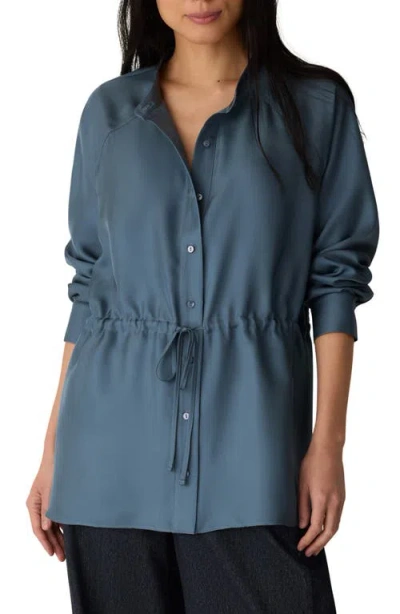 Eileen Fisher Silk Mandarin Collar Shirt With Tie In Green