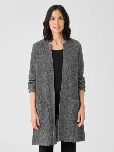 Eileen Fisher Silk Noil Stand Collar Cardigan In Gray