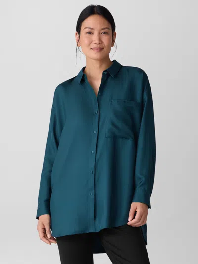 Eileen Fisher Silk Twill Classic Collar Long Shirt In Blue