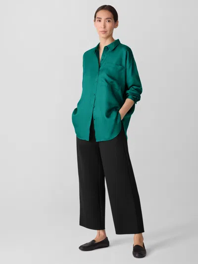 Eileen Fisher Silk Twill Classic Collar Long Shirt In Green