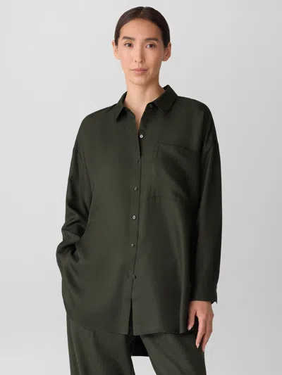 Eileen Fisher Silk Twill Classic Collar Long Shirt In Green