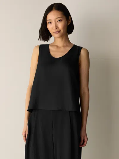 Eileen Fisher Silk Twill Curved V-neck Tank In Black