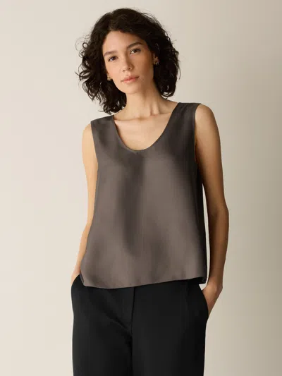 Eileen Fisher Silk Twill Curved V-neck Tank In Brown