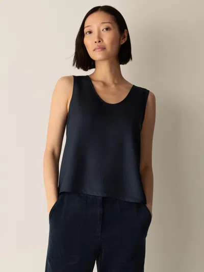 Eileen Fisher Silk Twill Curved V-neck Tank In Blue