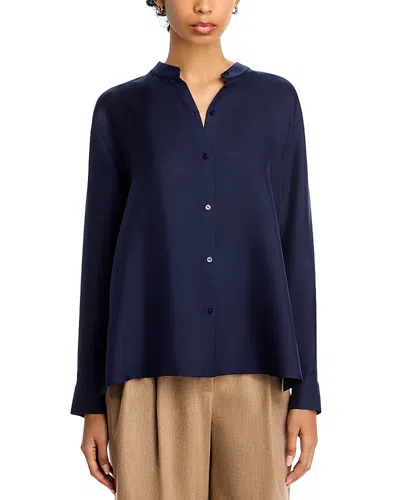 Eileen Fisher Silk Twill Mandarin Collar Top In Blue