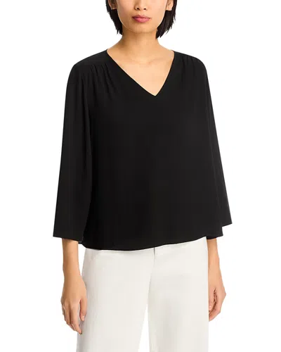 Eileen Fisher Silk V Neck Lantern Sleeve Top In Black