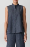 Eileen Fisher Sleeveless Band Collar Chambray Button-up Shirt In Blue