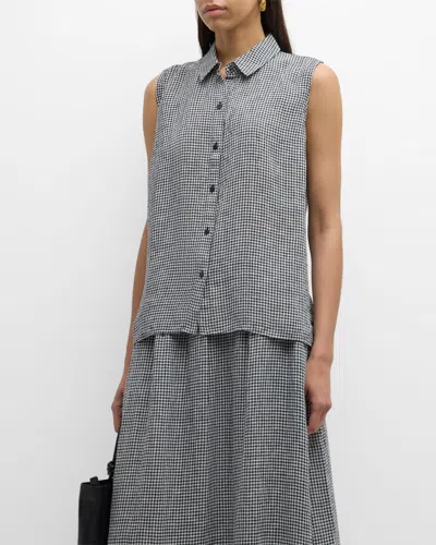 Eileen Fisher Sleeveless Gingham Organic Linen Shirt In Black/white