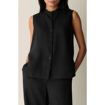 Eileen Fisher Sleeveless Linen Mandarin Collar Button-up Shirt In Black