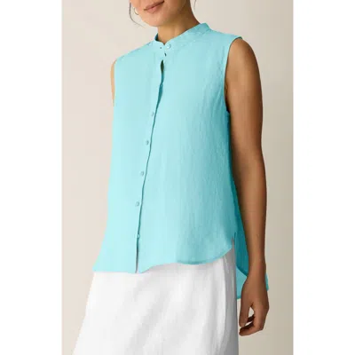 Eileen Fisher Sleeveless Linen Mandarin Collar Button-up Shirt In Black