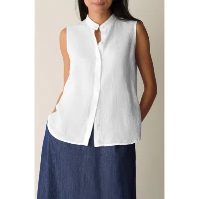 Eileen Fisher Sleeveless Linen Mandarin Collar Button-up Shirt In White