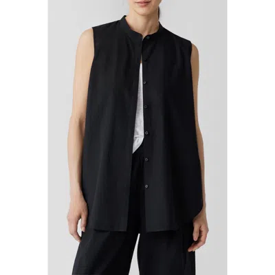 Eileen Fisher Sleeveless Organic Cotton Band Collar Shirt In Black