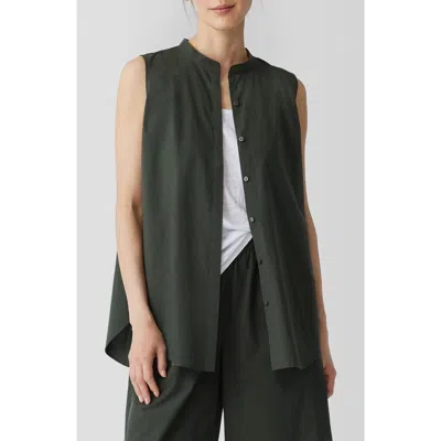 Eileen Fisher Sleeveless Organic Cotton Band Collar Shirt In Green